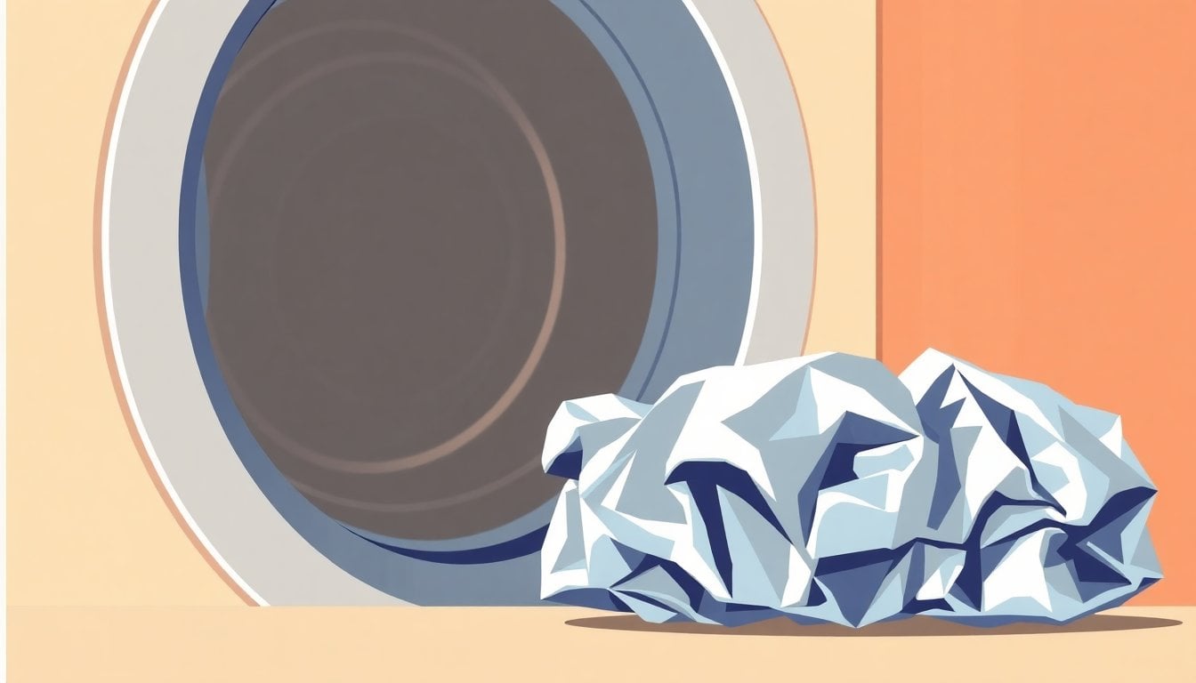 crumpled aluminum foil balls next to a washing machine drum, close-up, household laundry room setting, no people