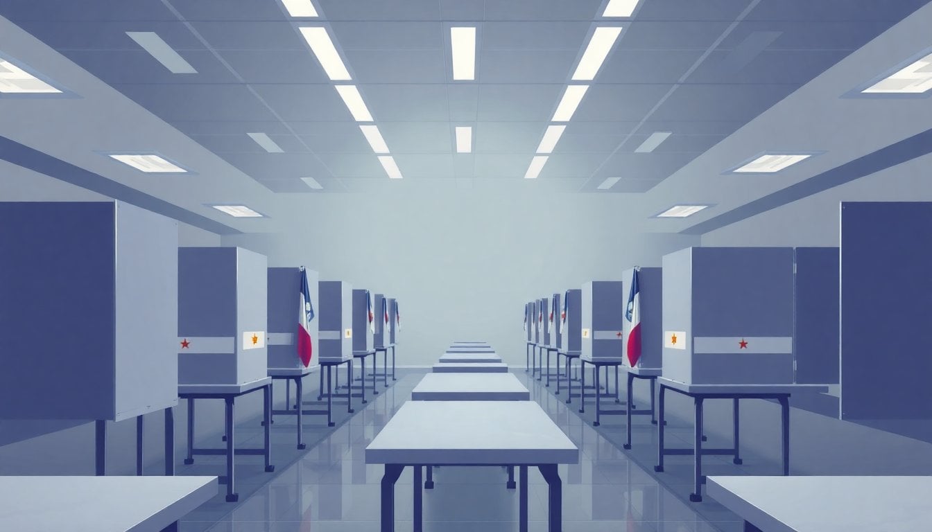 Argentine voting booths inside a polling station, empty ballot tables with national flags, fluorescent lighting, no people visible