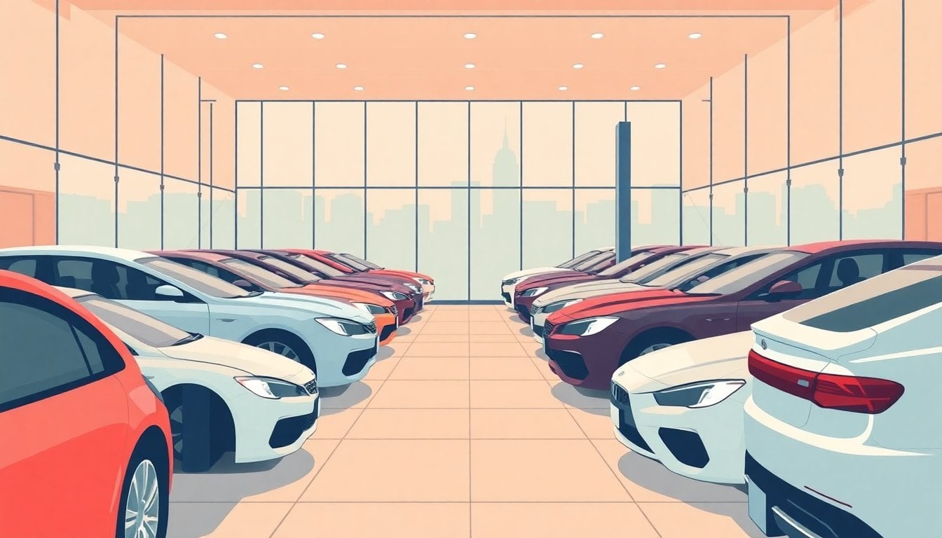 rows of luxury cars parked inside a dealership showroom in Argentina, glass facade, no people visible, wide angle