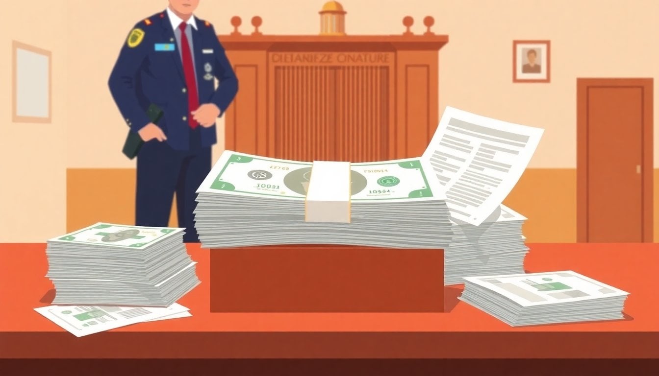 police evidence table with stacked dollar bills and financial documents, Argentine courthouse background, investigative setting