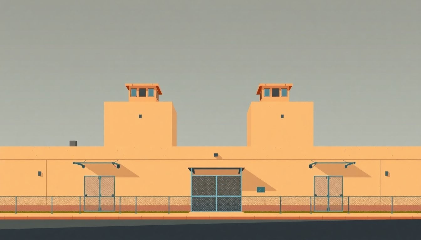 Argentine prison exterior building facade, Patagonia region, concrete walls with watchtowers, overcast sky
