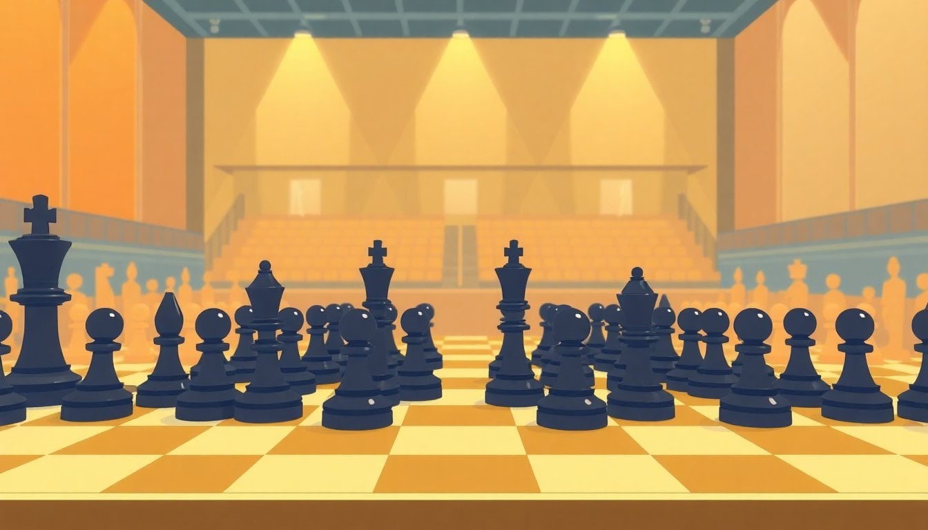 chess simultaneous exhibition board close-up with multiple chessboards arranged in rows, pieces mid-game, tournament hall lighting