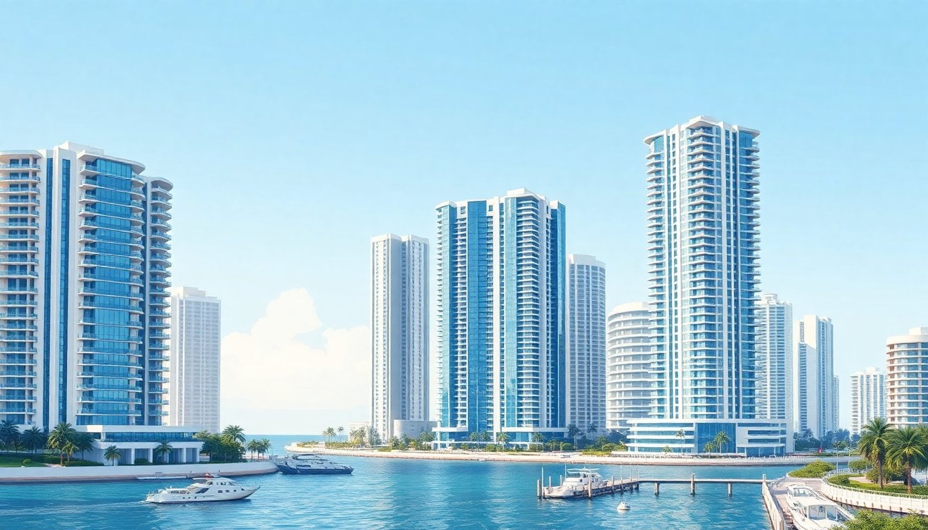Miami luxury apartment towers in Sunny Isles Beach waterfront, modern glass high-rise buildings, Florida coastline, daytime aerial perspective