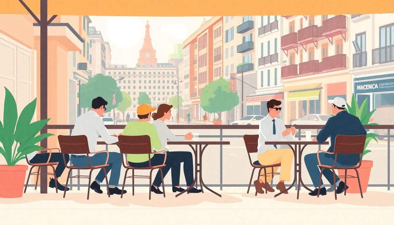 Argentine workers relaxing at outdoor cafe terrace during long weekend, sunny day, Buenos Aires street background, no specific faces
