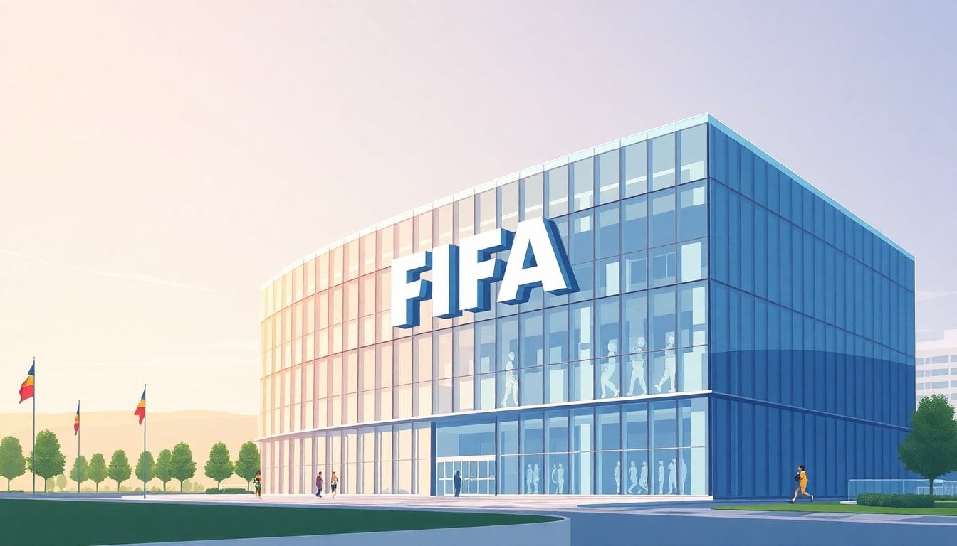 FIFA headquarters exterior building in Zurich, modern glass facade, daylight, no people