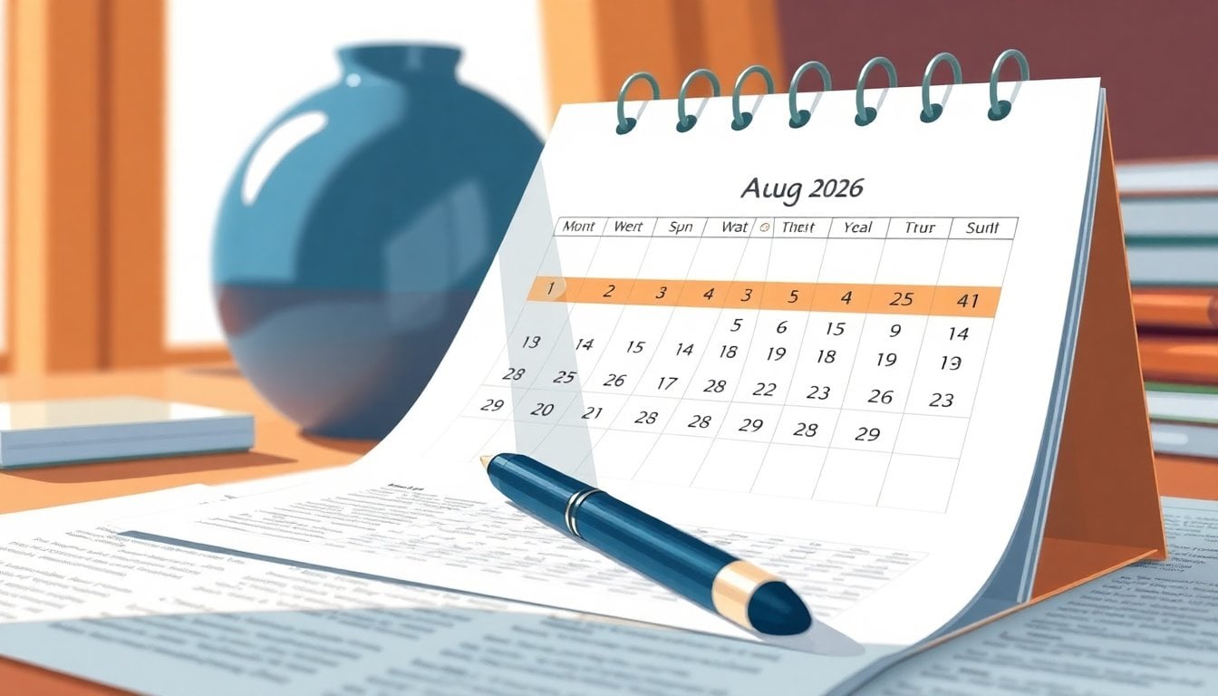 Argentine paper desk calendar open to August 2026 page with highlighted dates, pen resting on top, close-up, natural light