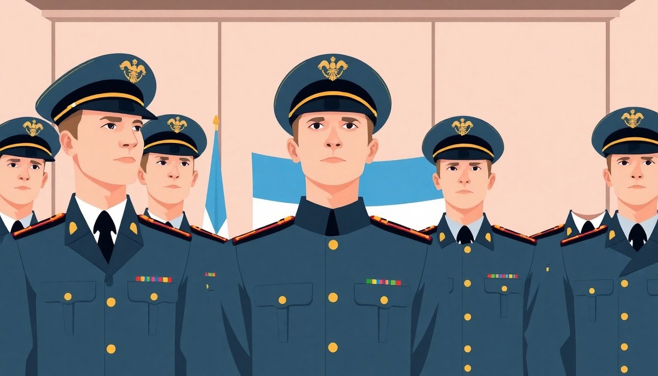 Argentine military officers in formal uniform at official ceremony, Argentine flag in background, indoor hall
