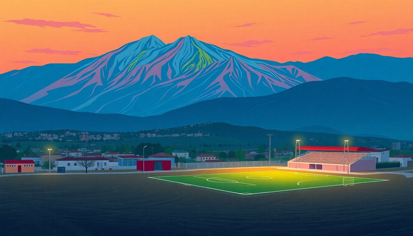 Purmamarca village in Jujuy Argentina, colorful Cerro de los Siete Colores in background, small football pitch in foreground, dusk lighting