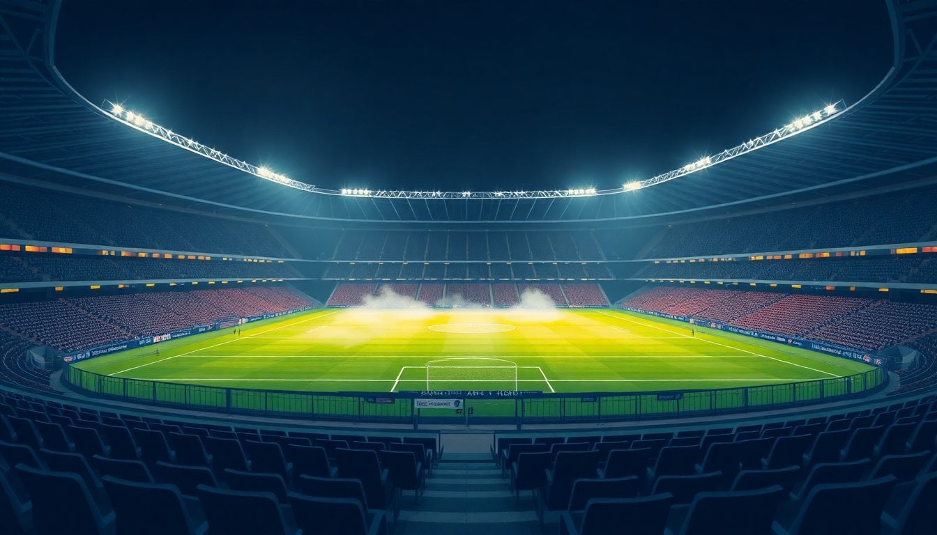 football stadium in Argentina at night, pitch illuminated by floodlights, empty seats before kickoff, atmospheric fog on the field