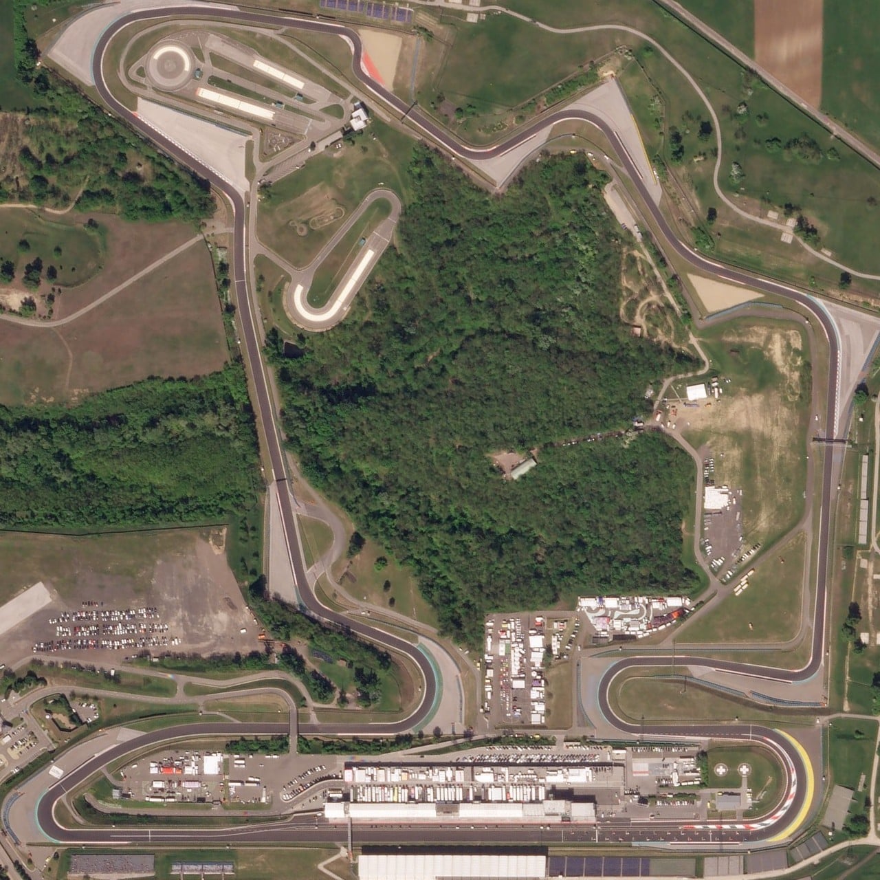 The Hungaroring, a motorsport race track in Mogyoród, Hungary where the Formula One Hungarian Grand Prix is held. Image taken on April 28, 2018, by a Planet Labs SkySat satellite.