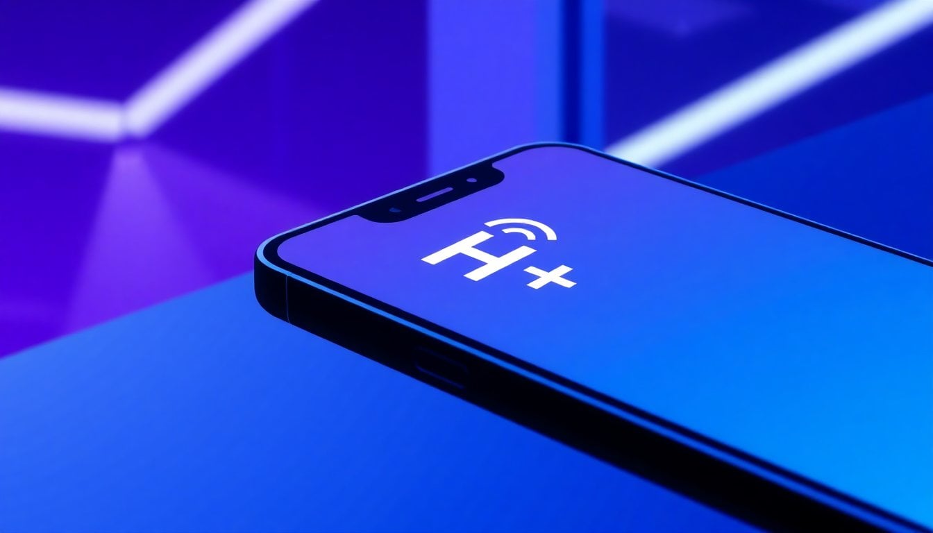 smartphone screen close-up showing signal bar with H+ mobile network indicator, notification panel visible, modern Android or iOS device, indoor lighting