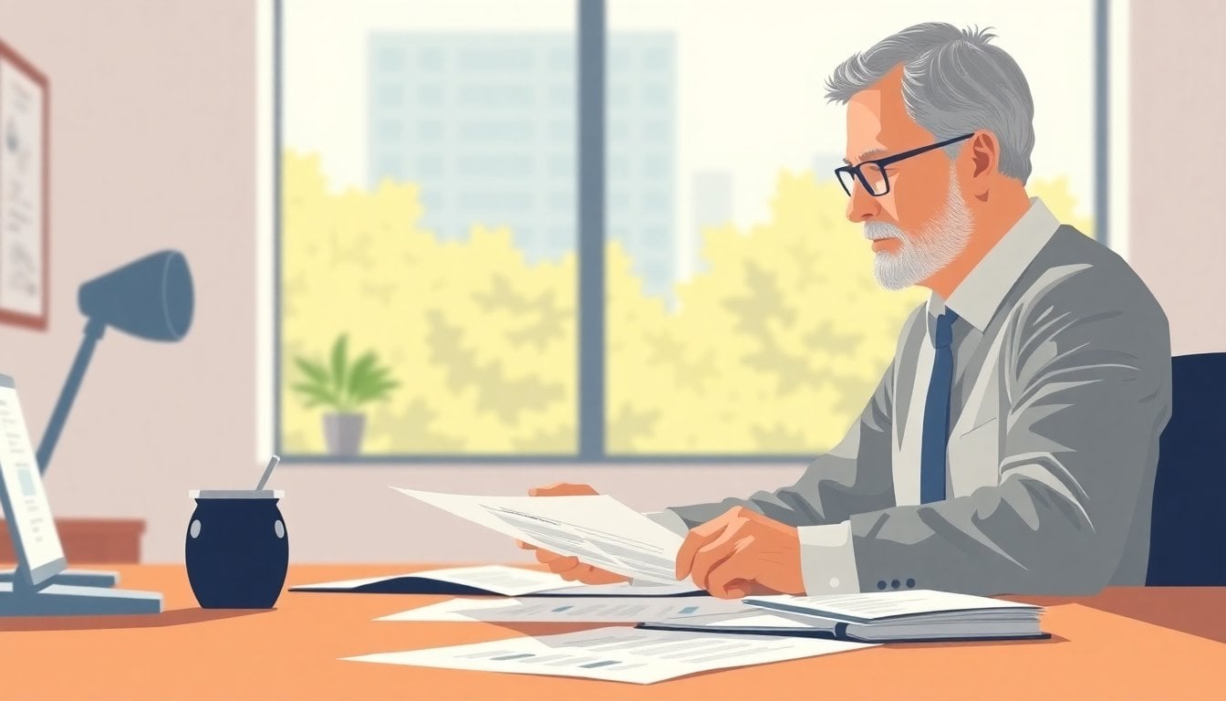 mature professional reviewing documents at a modern office desk, natural window light, no face shown, close-up on hands and papers