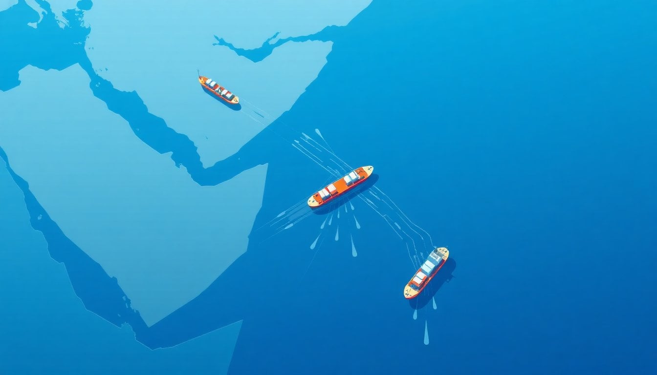 Strait of Hormuz aerial view narrow waterway Persian Gulf tanker ships passing through, satellite perspective