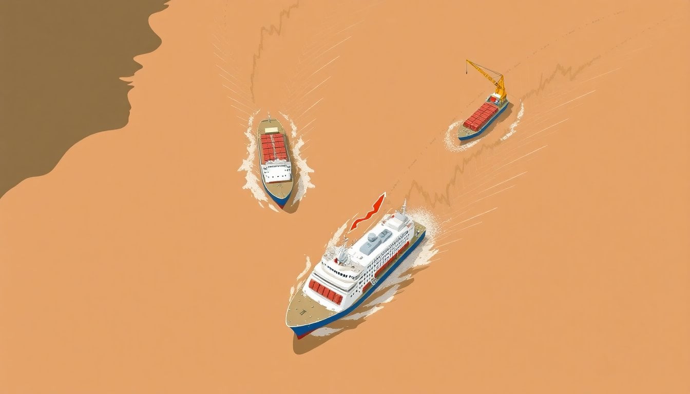 cargo ships and grain barges navigating the Paraná River waterway, aerial view, muddy brown water, industrial port cranes on shore