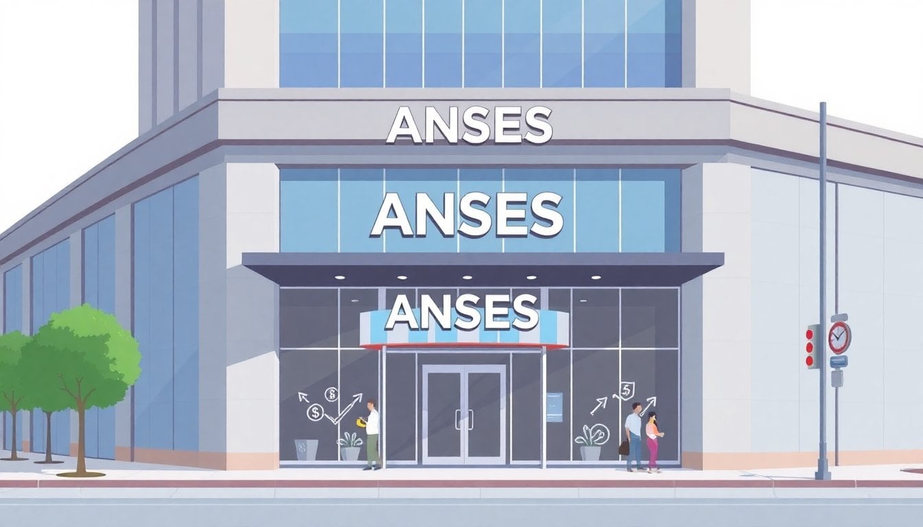 ANSES building facade in Buenos Aires, entrance with signage, daytime, no people in foreground