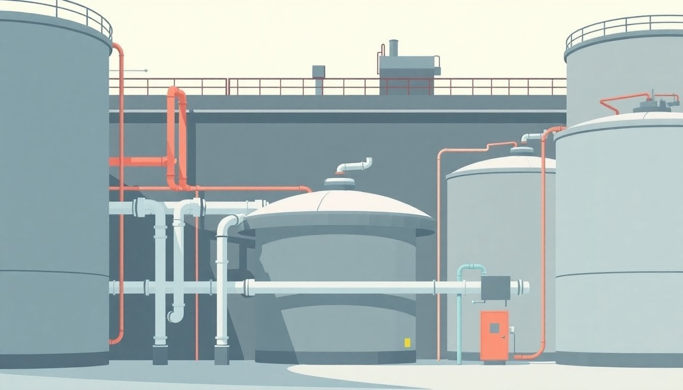 water treatment plant infrastructure Buenos Aires metropolitan area, pipes and tanks, industrial facility exterior, daylight, no people