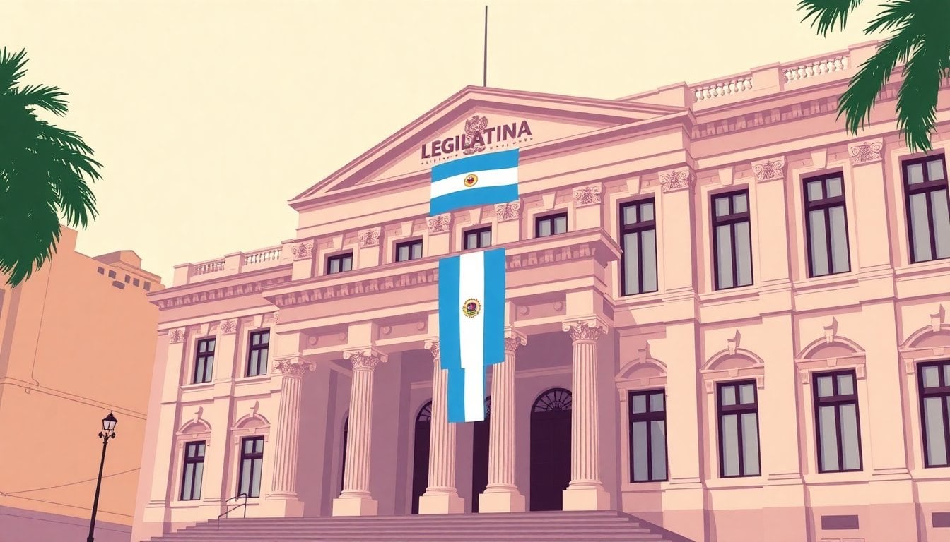 Buenos Aires Legislature building facade exterior, neoclassical columns, Argentine flag, daylight