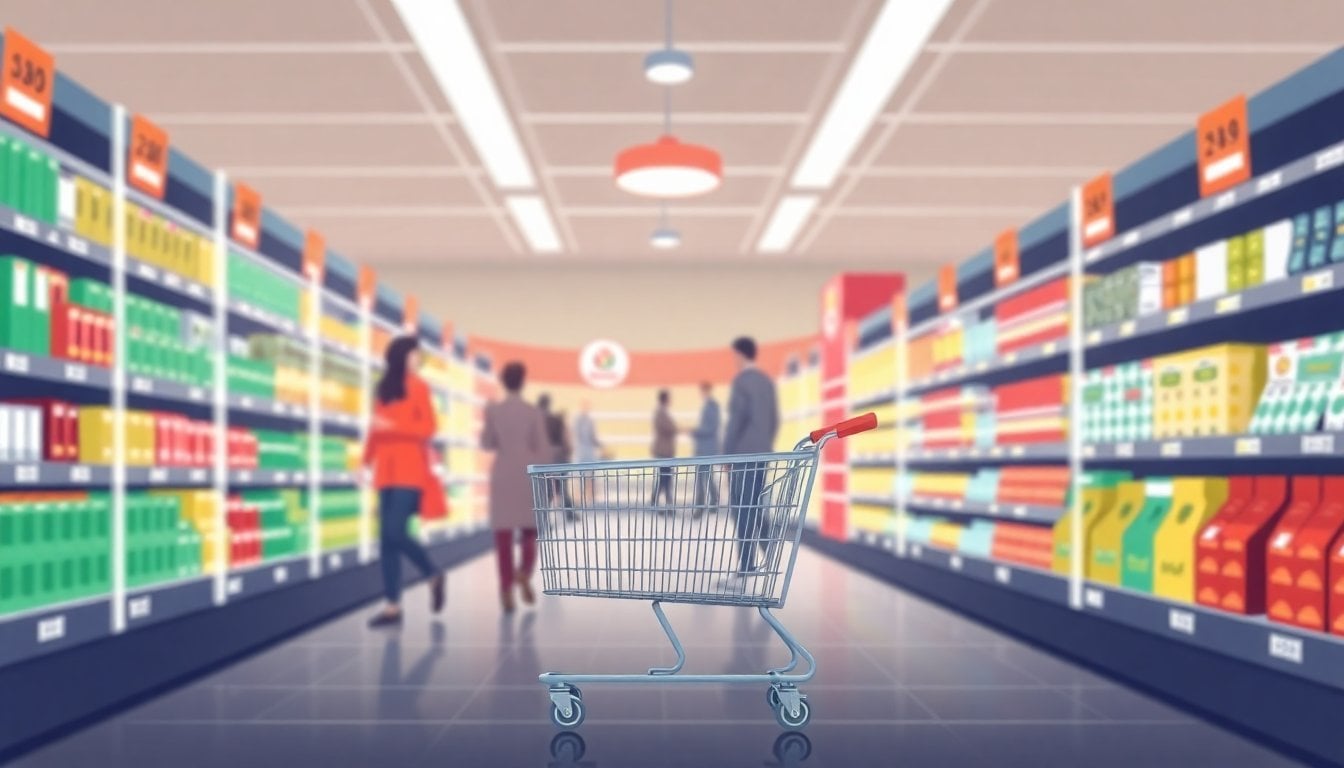 Argentine supermarket aisle with price tags on shelves and shopping cart in foreground, blurred customers in background, fluorescent lighting
