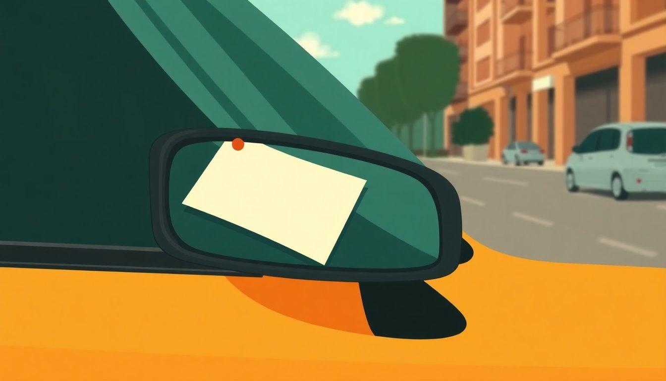 broken car side mirror on parked vehicle, note paper tucked under windshield wiper, urban street, daytime