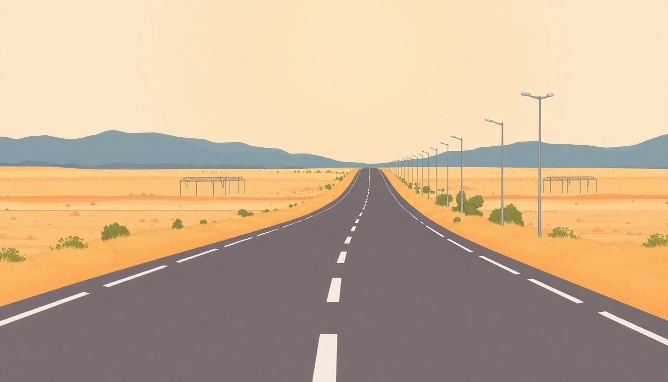 Ruta 3 Argentina road highway at daytime, asphalt two-lane provincial road with flat pampa landscape, no vehicles, wide angle