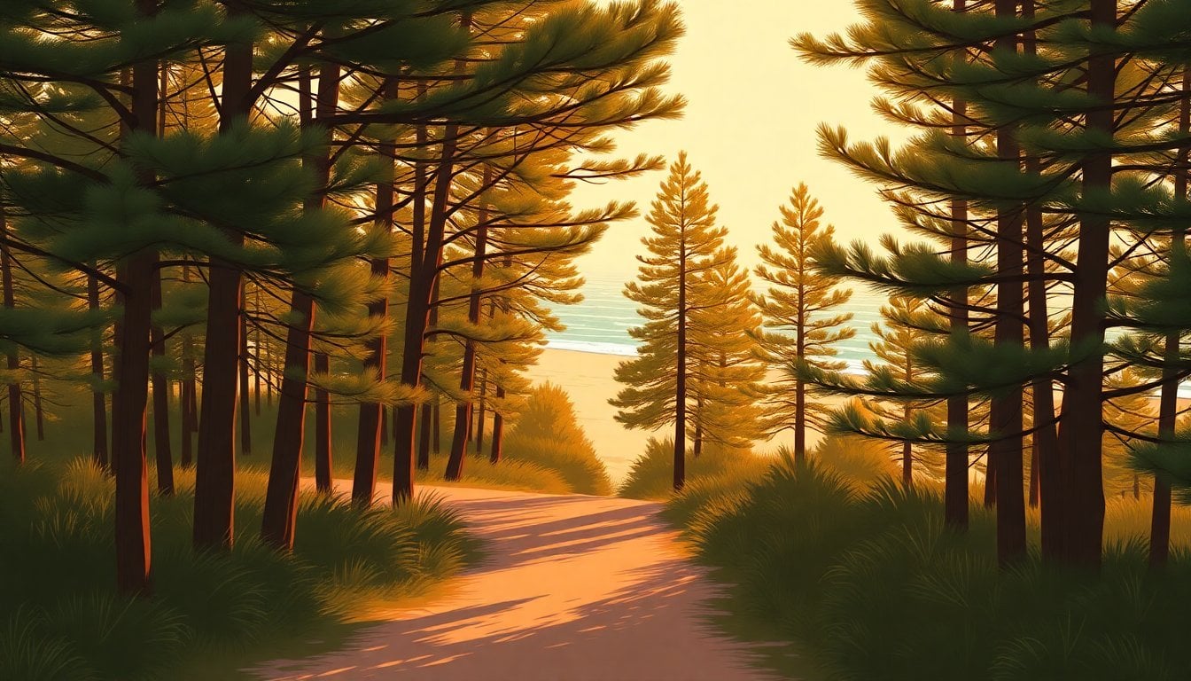 pine forest path leading to Atlantic coast beach in Buenos Aires province, golden afternoon light filtering through trees, no people, serene