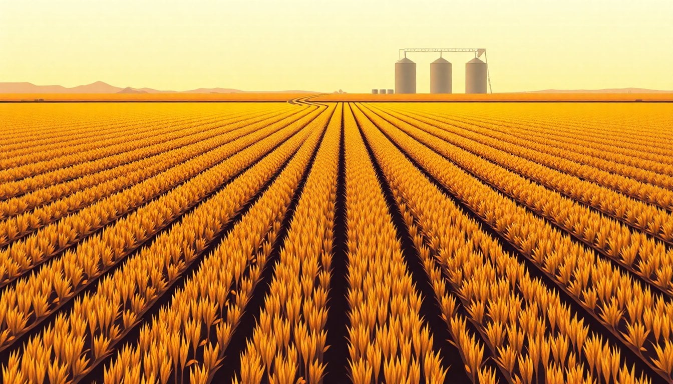 rows of harvested soybean fields in Argentine pampas, golden hour light, no people, flat horizon with grain storage silos in background