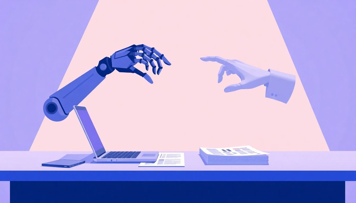 robotic hand and human hand reaching toward each other over a desk with a laptop and documents, symbolic of AI and human collaboration, studio lighting