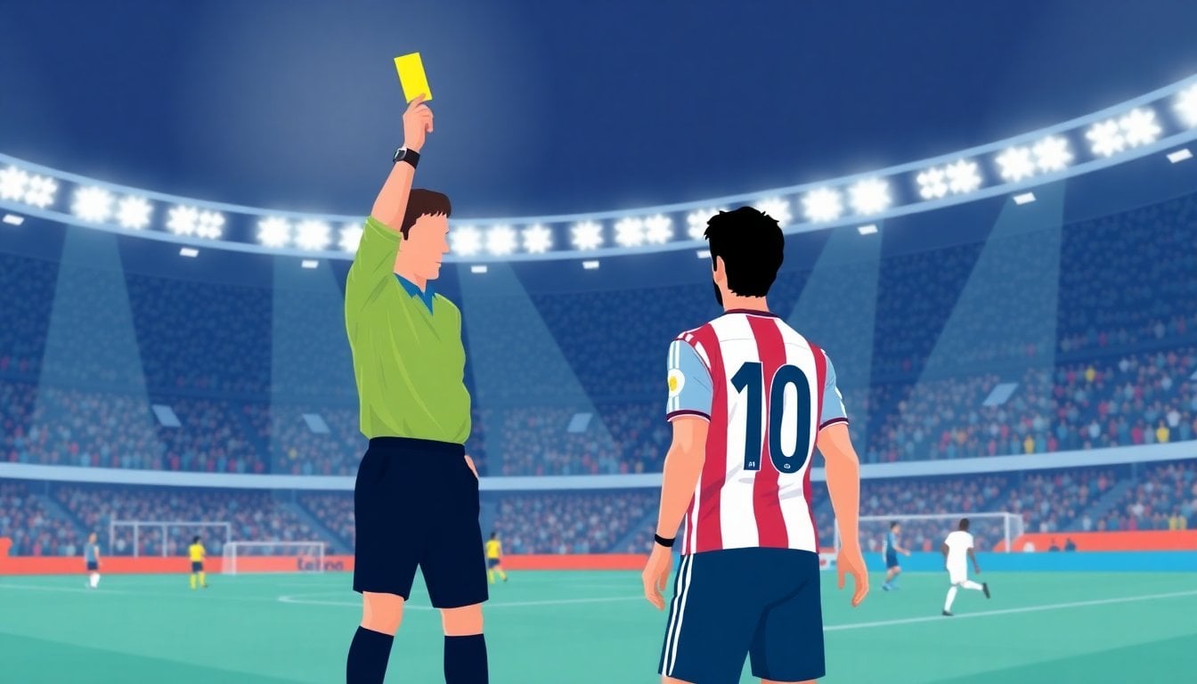 football referee showing yellow card to player during Argentine Primera Division match, stadium crowd in background, action shot