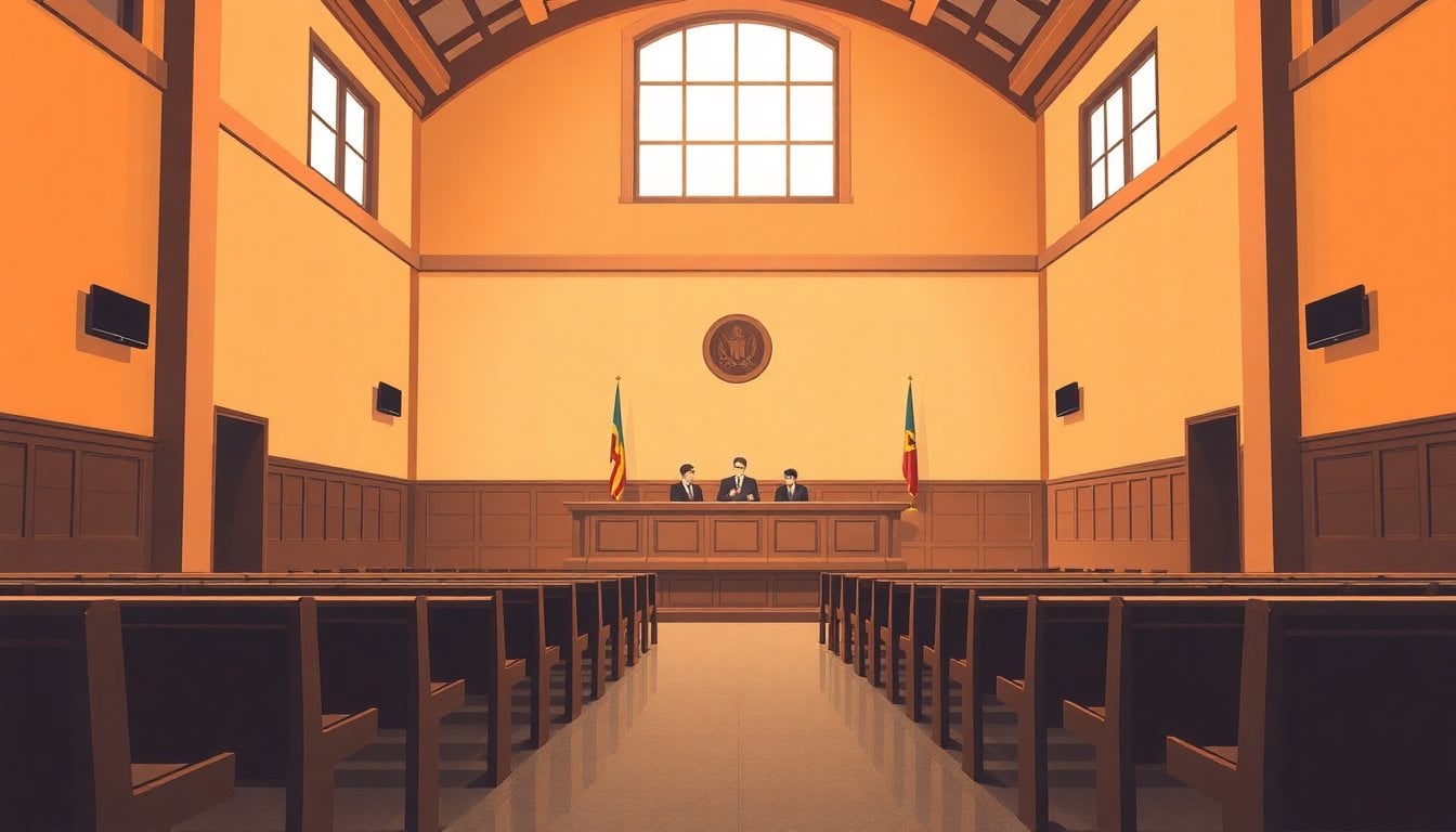 Argentine courtroom interior with wooden benches and judicial tribunal, natural light through high windows, no people visible
