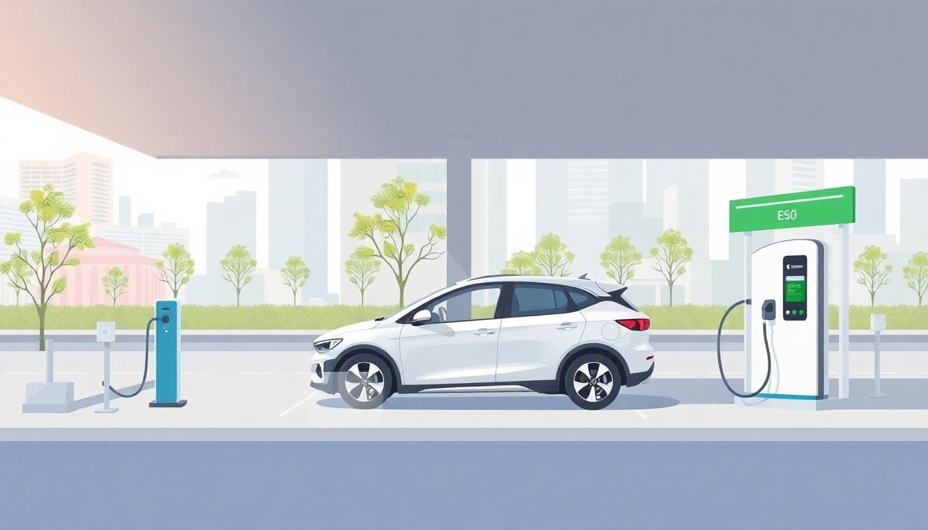 electric vehicle charging station with modern Chinese EV parked, urban dealership setting, daylight, no people visible