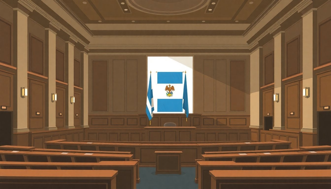 Buenos Aires provincial legislative chamber interior, senate hall with wooden seats and Argentine provincial flag, natural light
