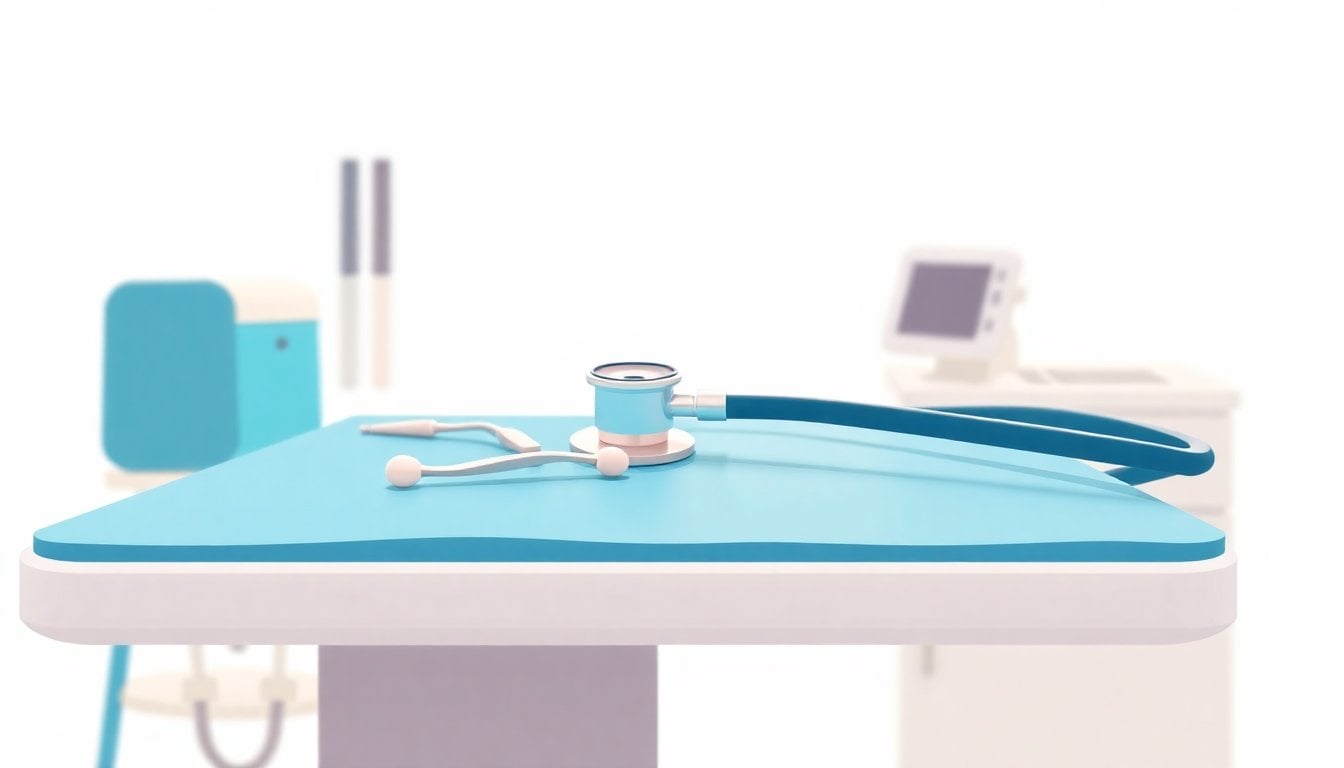 close-up of dental examination tools and stethoscope on medical table, clinical white background, no people
