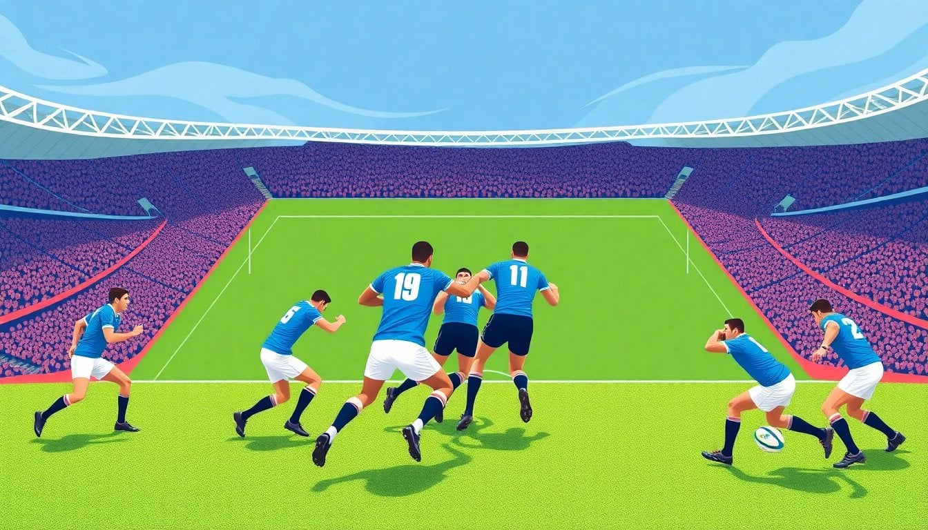 rugby players in blue and white Argentina jersey competing on field, aerial view of scrum, green pitch, stadium Georgia