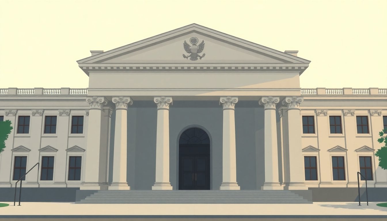 Argentine federal court building facade in Buenos Aires, classical architecture columns and entrance, daylight, no people