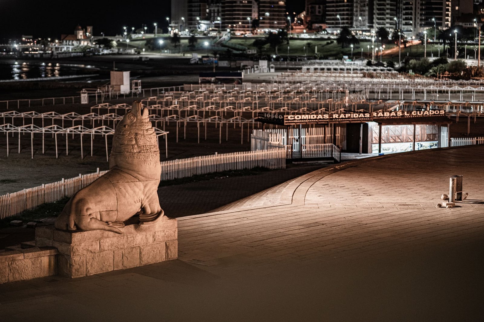 Dramática escena nocturna en Playa Bristol, Mar del Plata, con la icónica estatua del león marino y el paisaje urbano.