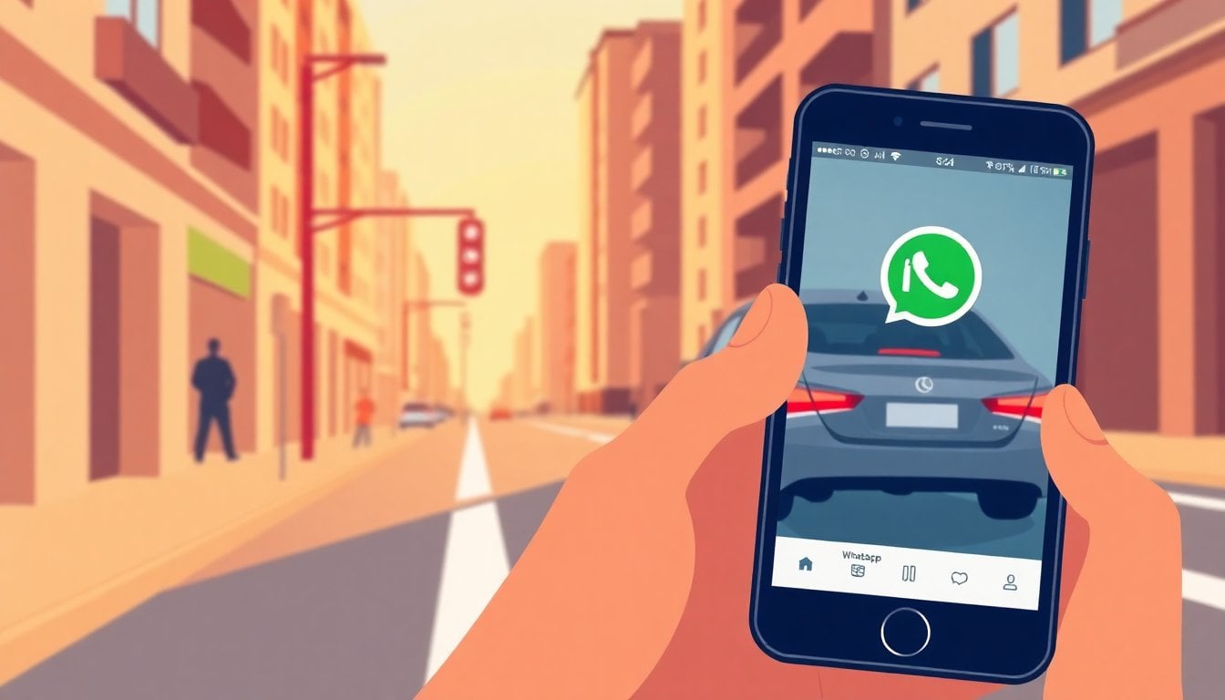 smartphone screen showing WhatsApp chat interface with photo of car running red light, hand holding phone, urban street background in Argentina