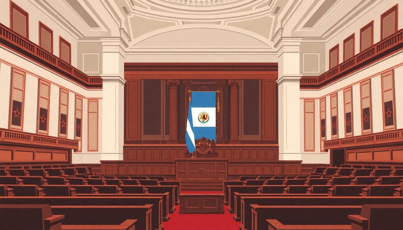 Argentine Senate chamber interior, ornate wooden seats and national flag, Buenos Aires, wide angle, no people