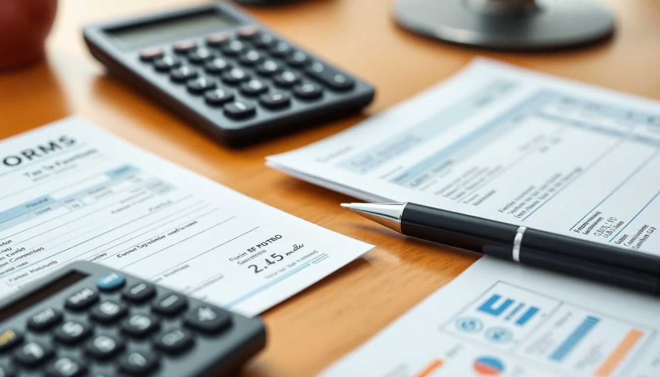 Argentine tax form and payment receipt on a desk with calculator and pen, close-up, natural light, no people