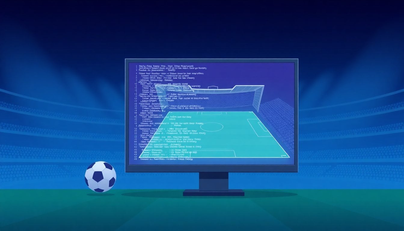 AI prediction algorithm visualization with football match data on computer screen, code and statistics overlaid on soccer pitch graphic