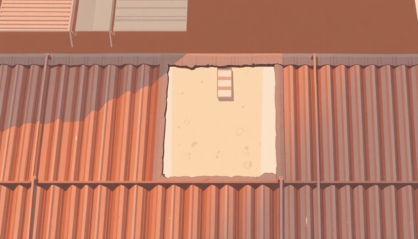 corrugated metal roof of an industrial warehouse with a jagged hole cut into it, aerial view, Mar del Plata outskirts, daylight