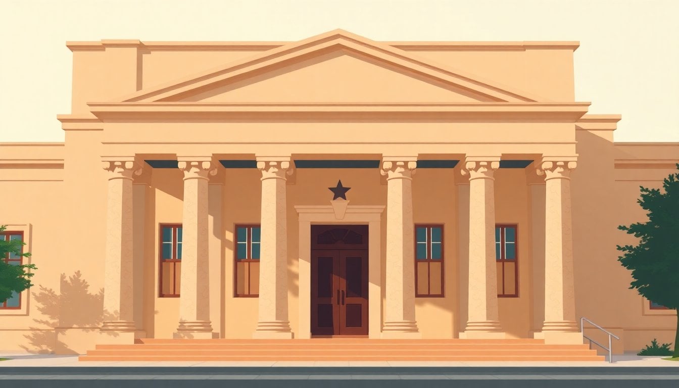 Argentine courthouse facade exterior, Entre Rios province, stone columns and entrance, daylight, no people