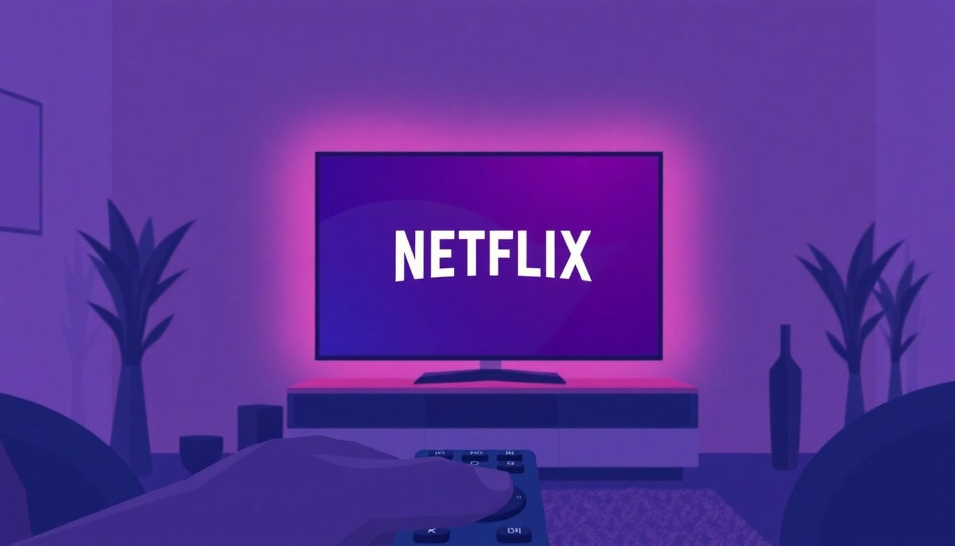 smart television screen showing Netflix logo in a living room, dark ambient lighting, remote control in foreground, close-up