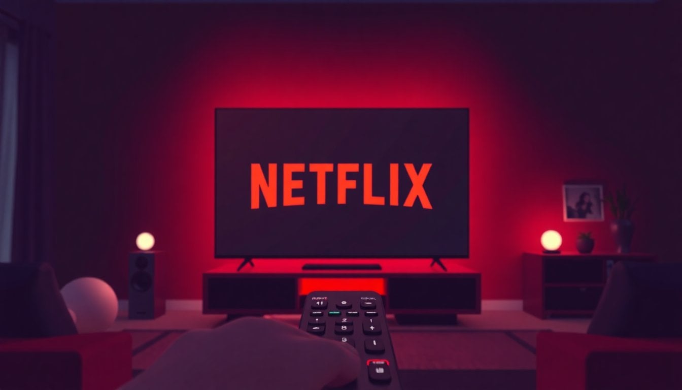 Netflix red logo on a smart TV screen in a dark living room, remote control in foreground, shallow depth of field