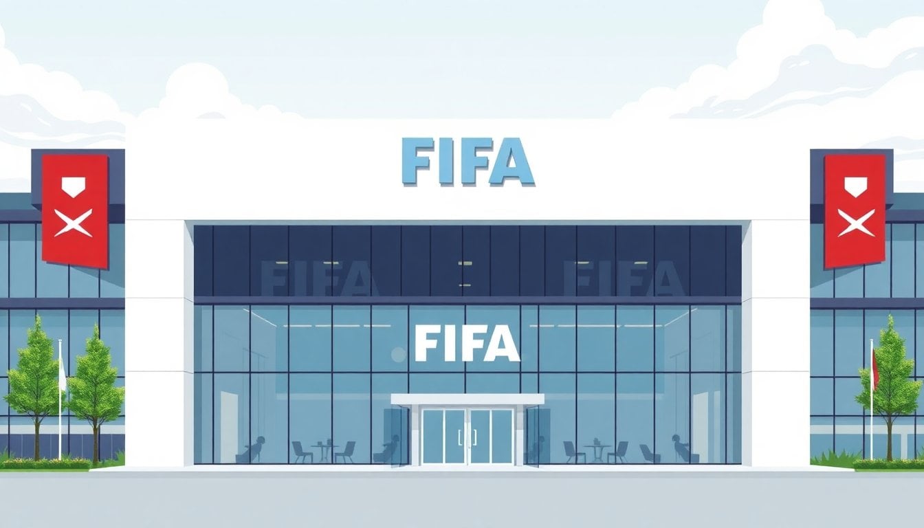 FIFA headquarters building exterior in Zurich Switzerland, glass facade and official signage, daylight