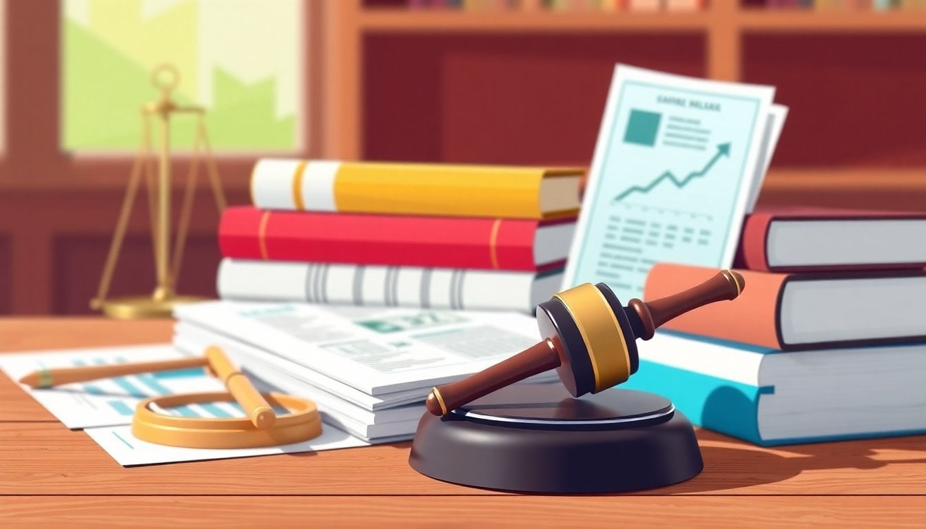 Argentine commercial law books stacked on a wooden desk with a gavel and legal documents, close-up, natural light