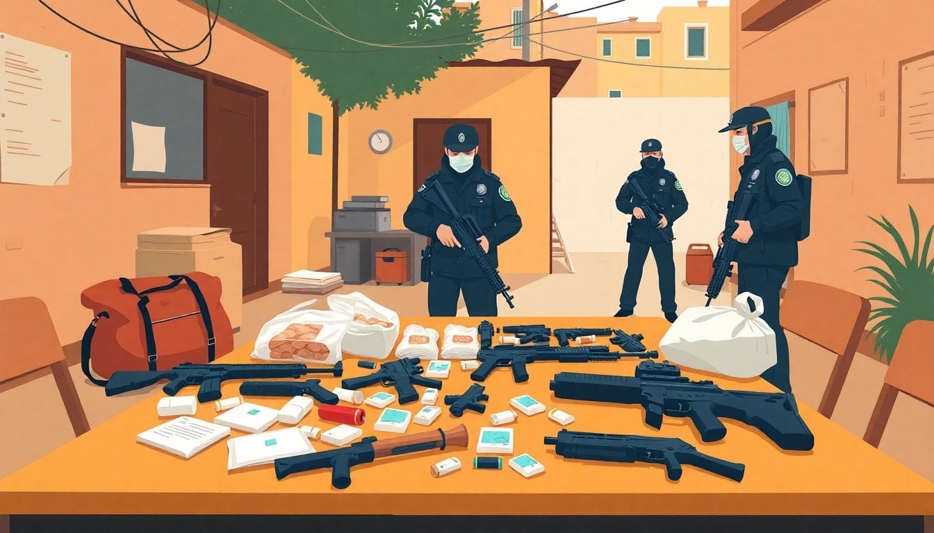 Argentine police operation in urban villa settlement, confiscated drugs and weapons on a table, evidence bags and officers in background