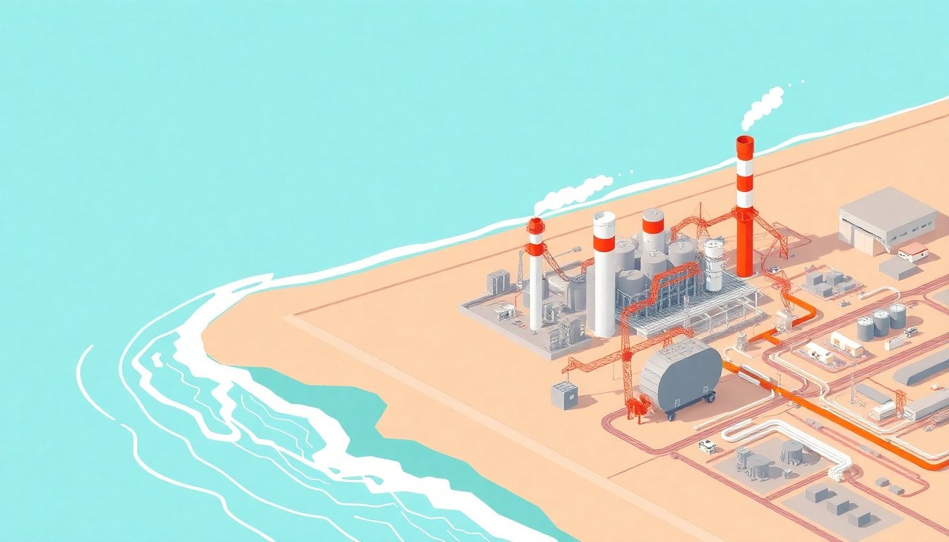 large petrochemical plant under construction near coastline, industrial towers and pipelines, aerial view, Bahía Blanca Argentina