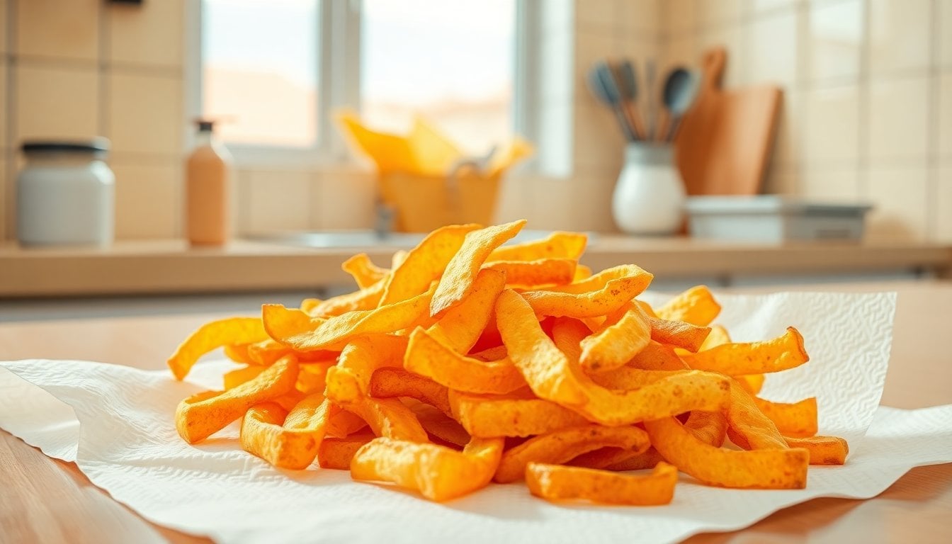close-up of golden crispy homemade potato chips on white paper towel, kitchen counter, natural light, no people