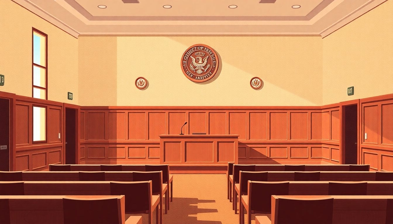 Argentine courtroom interior with wooden benches and official seals on wall, empty chairs, natural light through windows