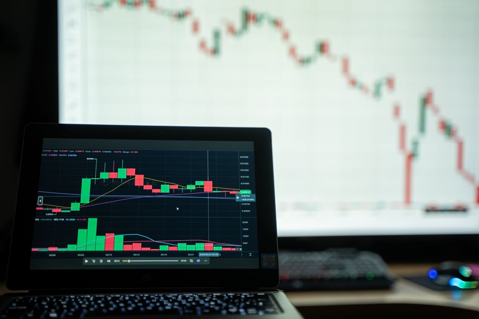 Primer plano de un ordenador portátil que muestra gráficos del mercado de criptomonedas en un entorno de negociación.